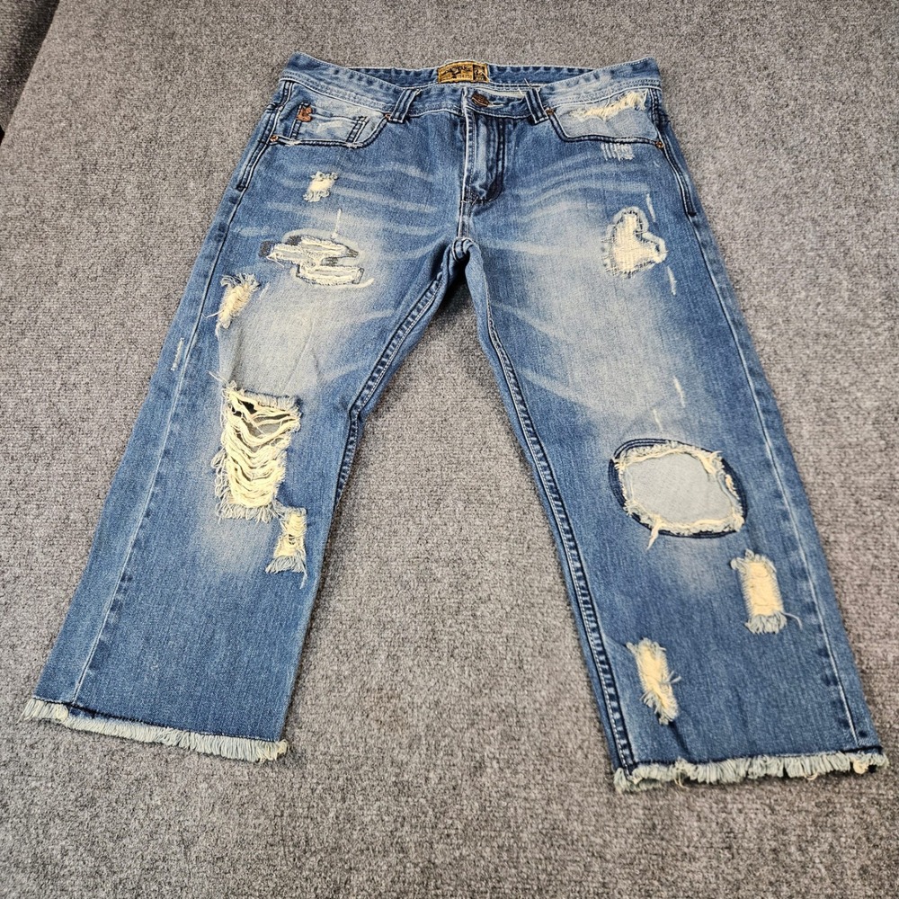 Grindhouse Denim Mens 34 Distressed Cropped Jeans Blue Raw Hem Streetwear 194359